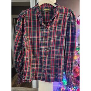 SUGARLIPS Chapman Plaid Button Down High Neck Ruffle Long Sleeve Top Red Multi